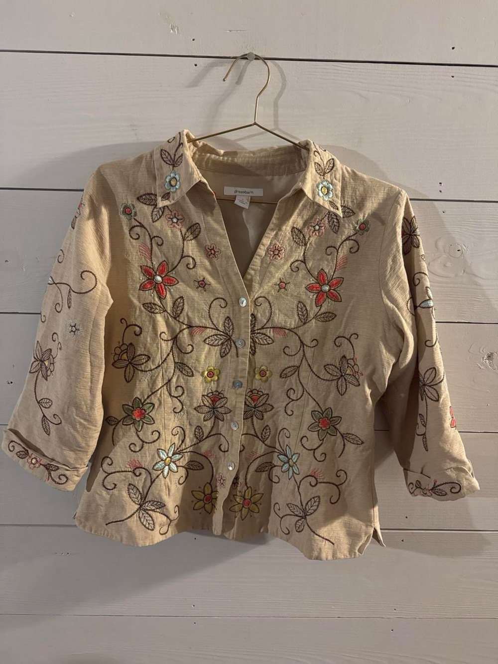 Dress Barn Beige Button-Down Shirt with Colorful Floral Embroidery